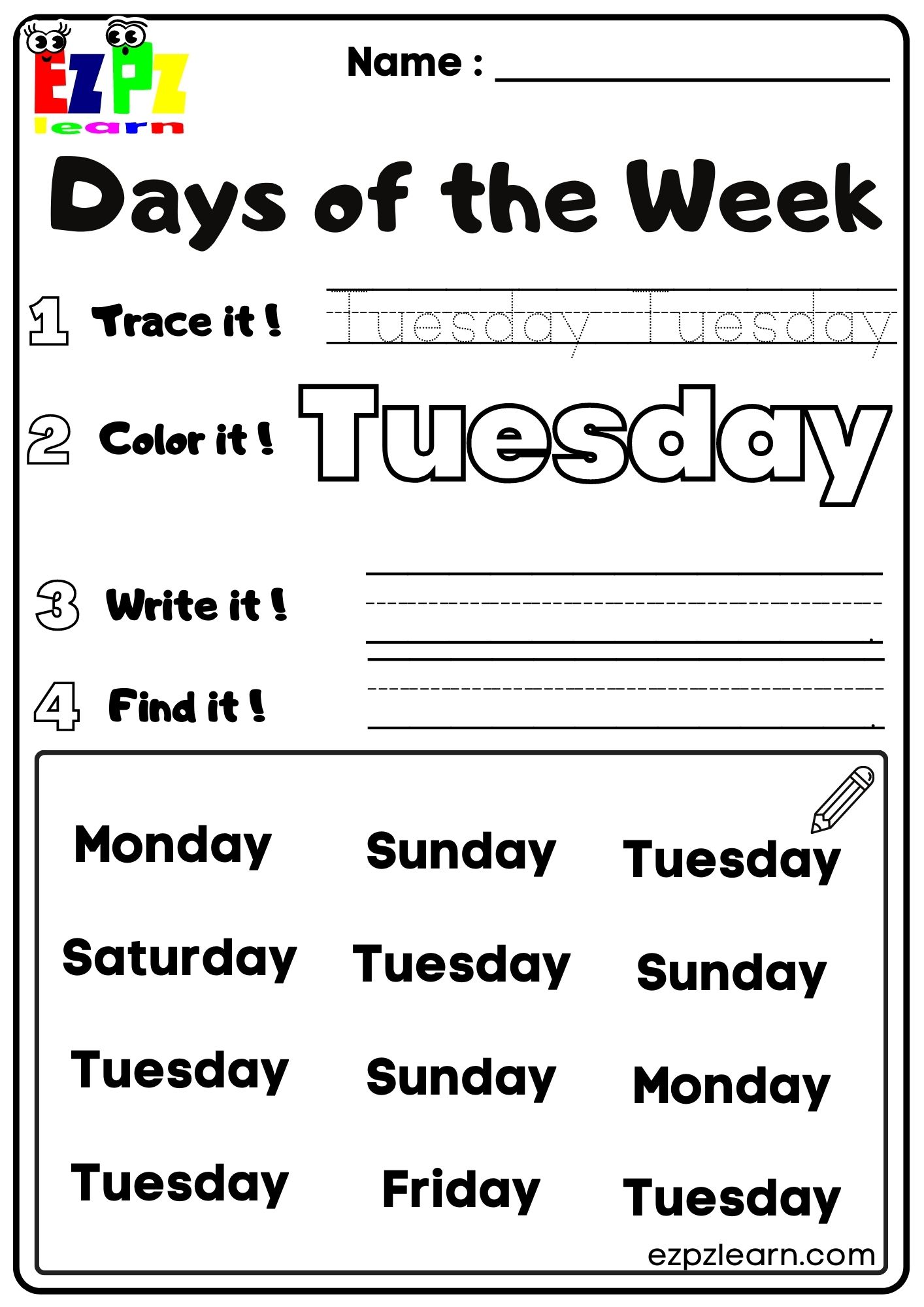 Tuesday Days Of The Week Kids Activity Ezpzlearn